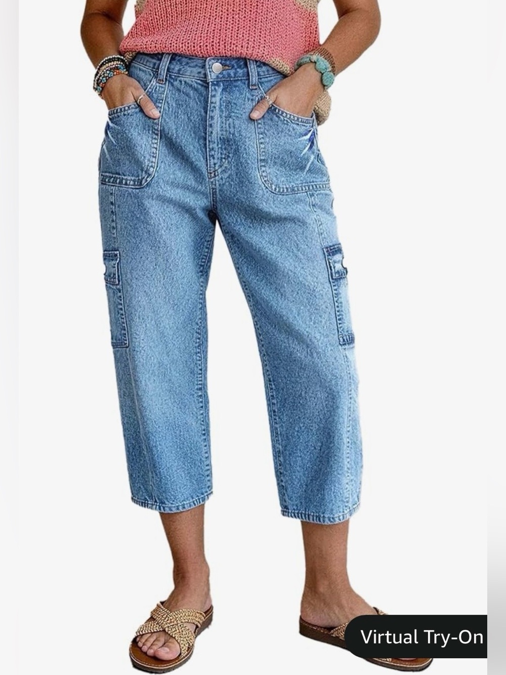 Flamingals Mid Rise Light Wash Cargo Flap Pocket Cropped Jeans